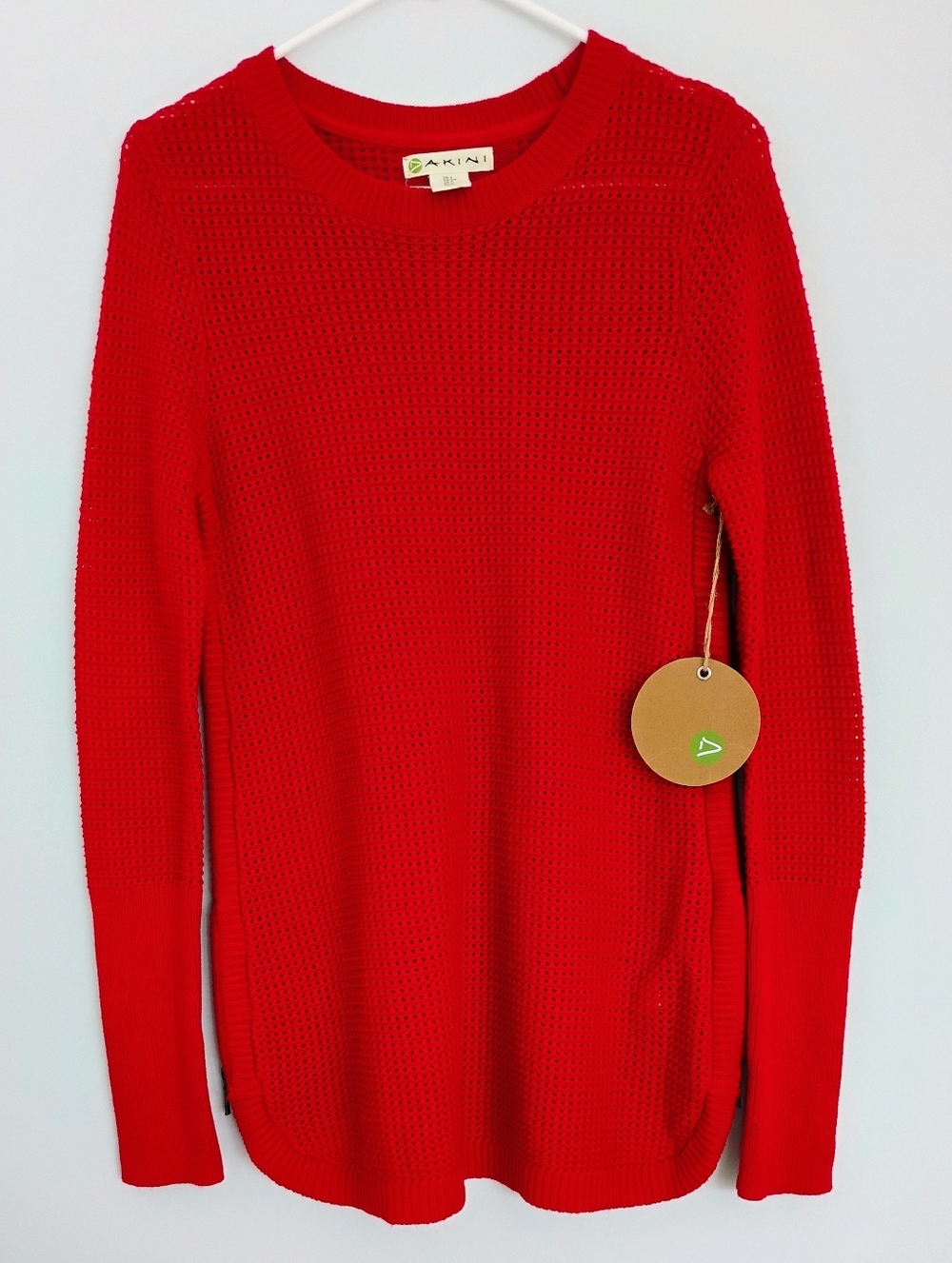 NWT Dakini Waffle Knit Side Zipper Red Sweater Crew Neck. Small